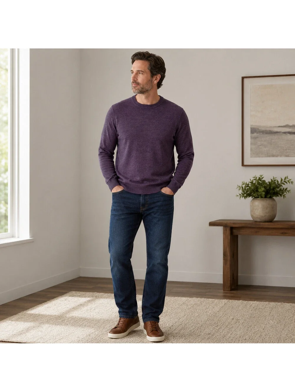 APT. 9 Merino Wool Crewneck Sweater Mens S Purple Soft Knit Preppy Classic Cozy